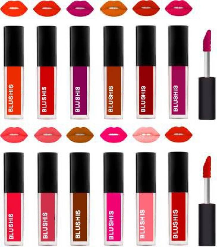 BLUSHIS Waterproof Longlasting Matte finish Liquid Lipstick Combo Pack Of 12 pc Price in India