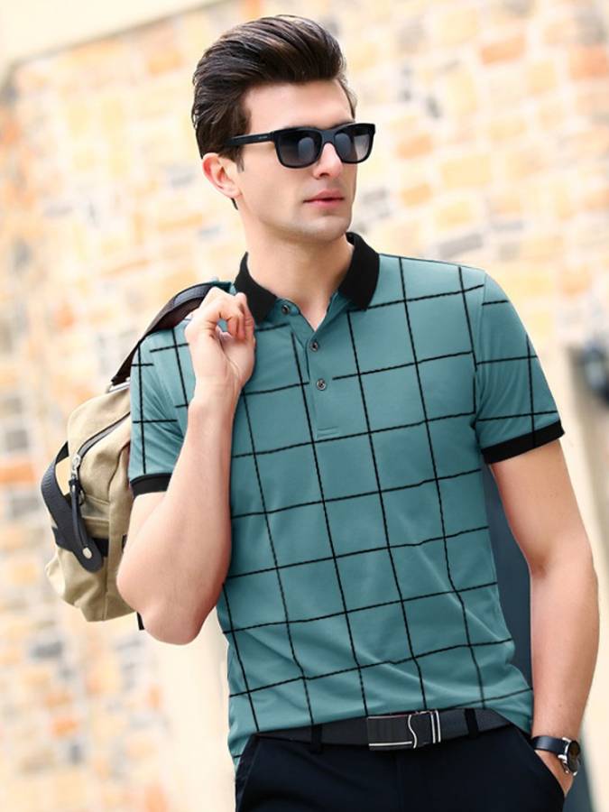 Checkered Men Polo Neck Green T-Shirt Price in India