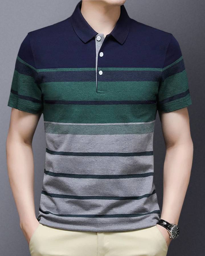 Striped Men Polo Neck Blue T-Shirt Price in India