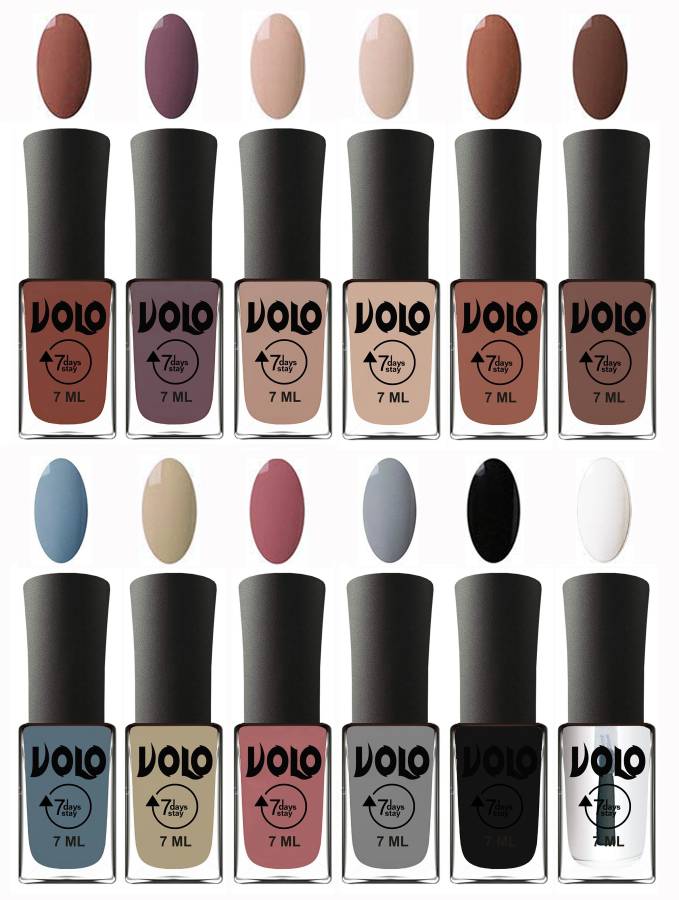 Volo No Chipping-No Fading Longest Lasting Ever Nail Polish Set at Big Promotional Price Combo-No-197 Light Nude, English Nude, Light Blue, Top Coat, Chocolate Peach, Light Grey, Nude, Brown, Black, Chocolate Brown, Skin Nude, Light Purple Price in India