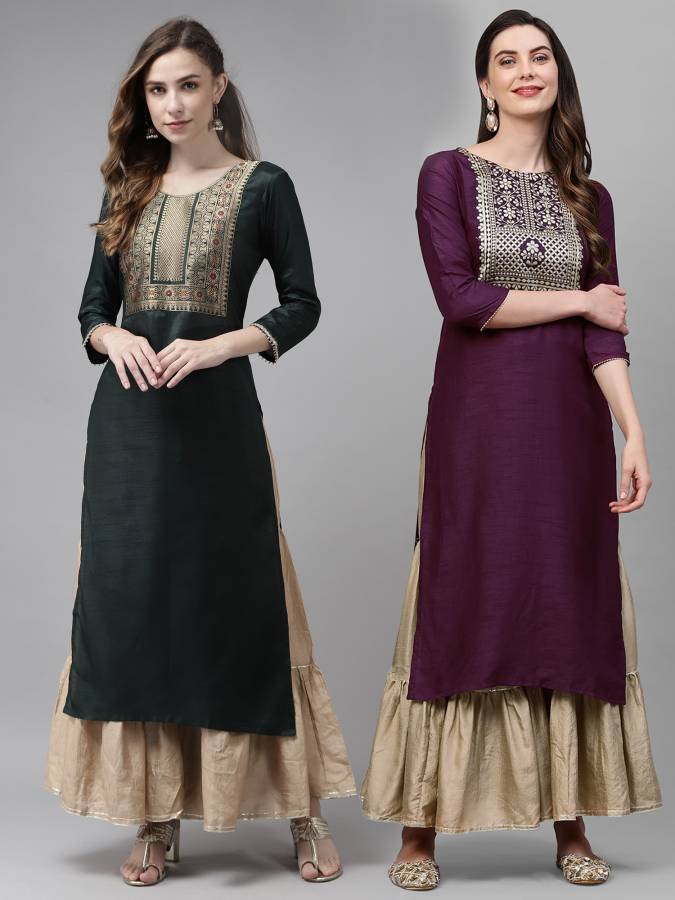 Pack of 2 Women Embellished Polyester Straight Kurta Price in India