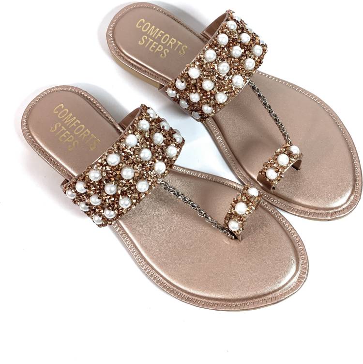 Women Gold, White Flats Sandal Price in India