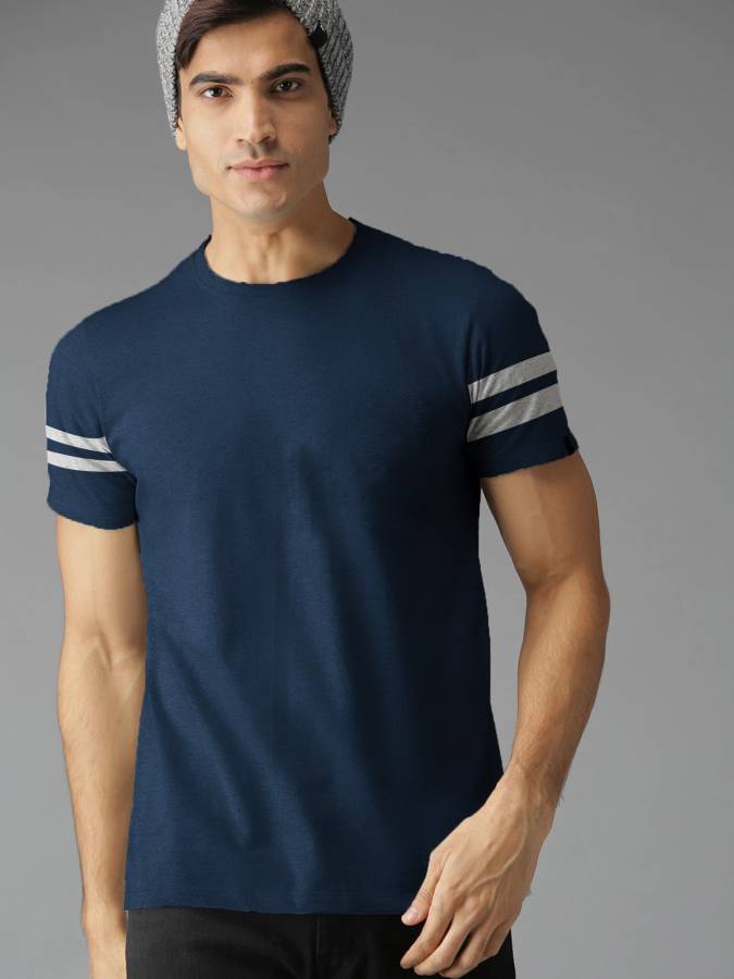 Striped Men Round Neck Reversible Dark Blue, Grey T-Shirt Price in India