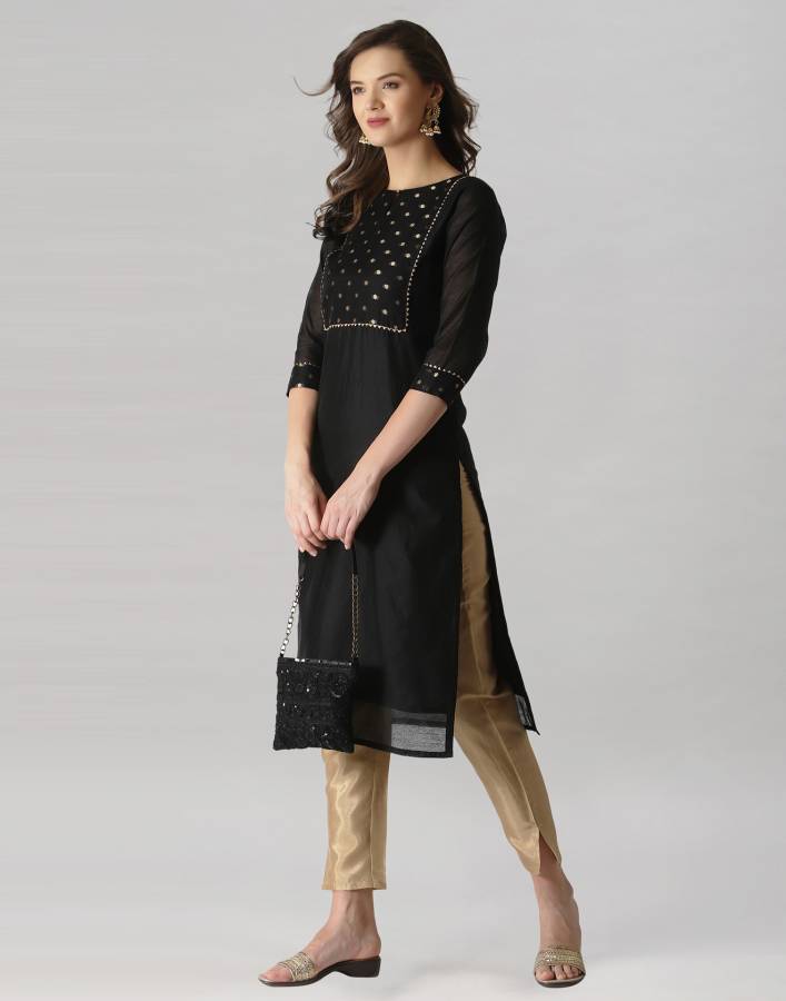 Women Dyed, Embellished, Woven Design Poly Silk Straight Kurta Price in India