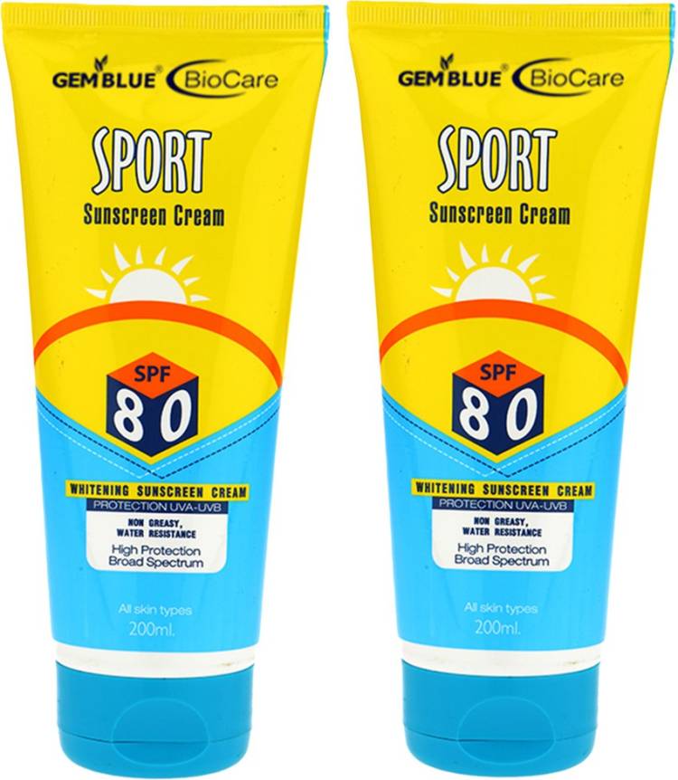 GEMBLUE BIOCARE Sport Sunscreen Cream, SPF80 Whitening Sunscreen Cream, 200gm each, Pack of 2 - SPF SPF80 PA+ Price in India