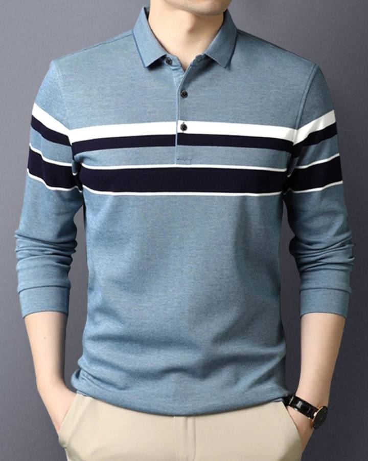 Striped Men Polo Neck Blue T-Shirt Price in India