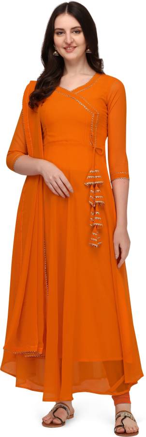 Women Solid Georgette Anarkali Kurta With Attached Dupatta Price in India