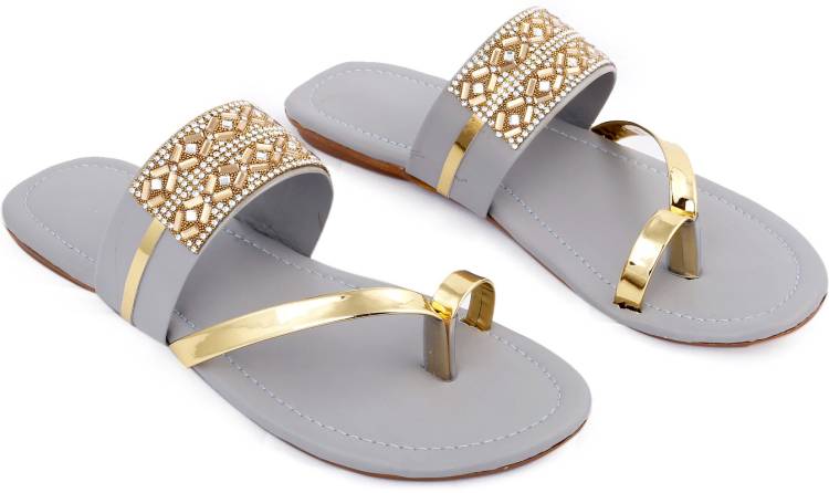 Women Grey, Gold Flats Sandal Price in India
