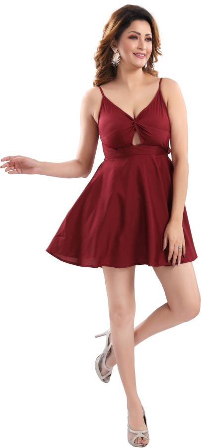 Women Fit and Flare Maroon Dress Price in India