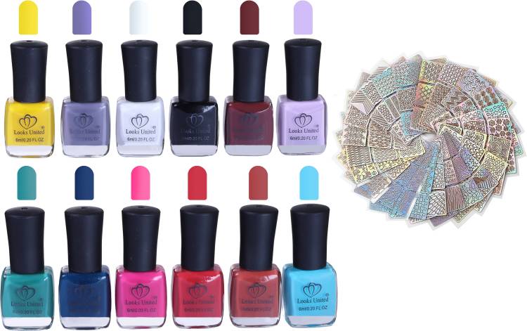 Looks United 12 Colors Nail Polish With 3 Sheets Nail Stencils Multicolor Price in India