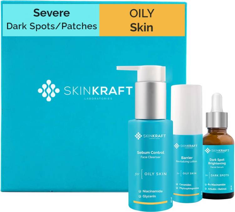 Skinkraft Severe Dark Spots - Dark Patches Skincare For Oily Skin - Skincare Kit - 3 Product Kit - Oily Skin Cleanser + Oily Skin Moisturizer + Severe Dark Spots - Dark Patches Active Serum - Dermatologist Approved Price in India