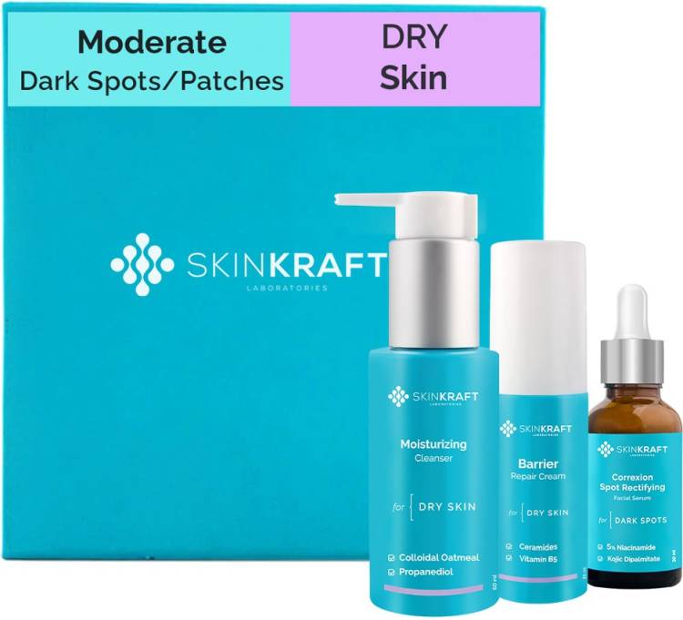 Skinkraft Moderate Dark Spots - Dark Patches Skincare For Dry Skin - Skincare Kit - 3 Product Kit- Dry Skin Cleanser + Dry Skin Moisturizer + Moderate Dark Spots - Dark Patches Active Serum - Dermatologist Approved Price in India