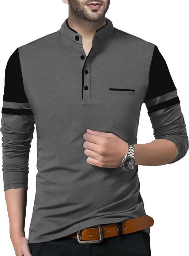 Solid Men Mandarin Collar Black, Grey T-Shirt Price in India