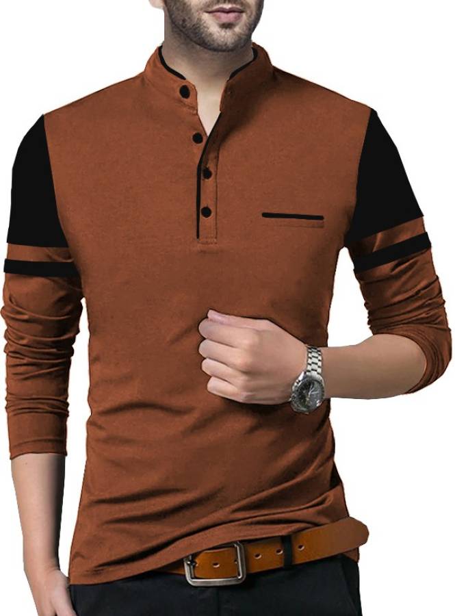 Solid Men Mandarin Collar Brown, Black T-Shirt Price in India