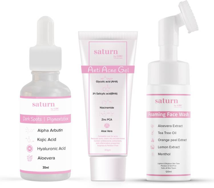 saturn by ghc Skin care Kit | 2% Alpha Arbutin Serum For Dark Spots & Anti Acne Gel For Blemishes Removal & Foaming Facewash For Oil Control Price in India