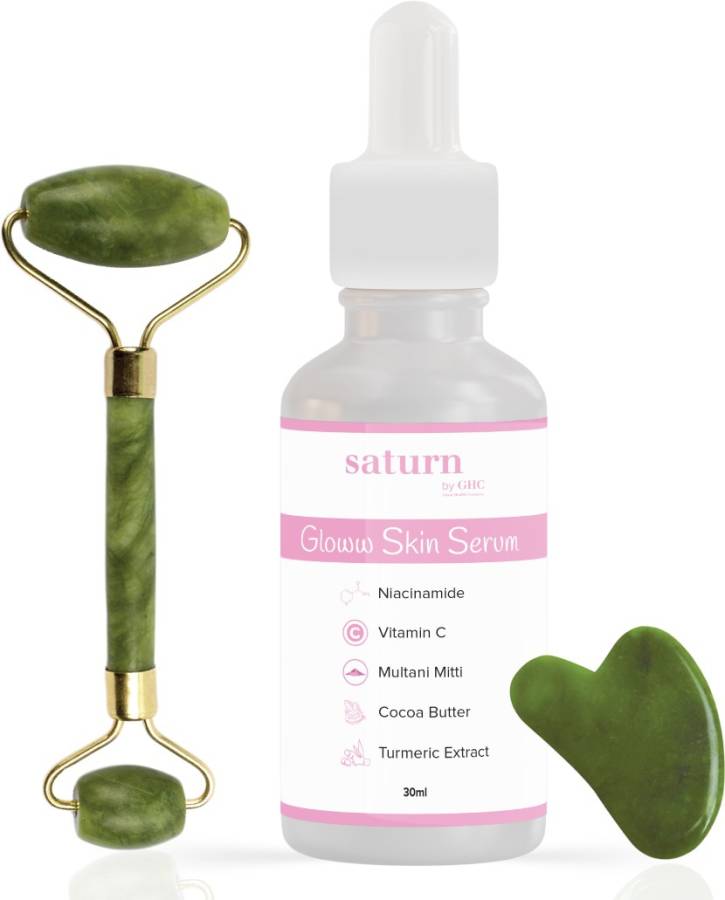 saturn by ghc Glow Serum For Skin With Jade Roller Face Massager and Gua Sha | Deep Nourishment and Glow Price in India