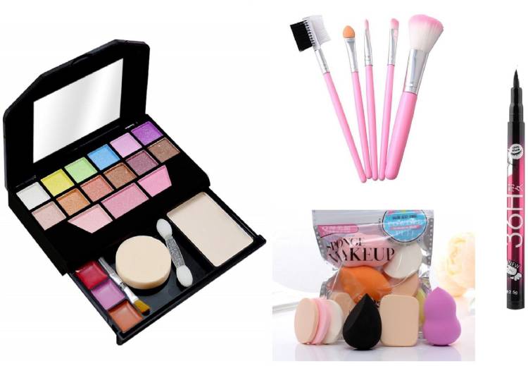 MY TYA Fashion Makeup Kit Mini+HelloKitty 5 Piece Brush +6Makeup Sponges+Eyeliner Black Price in India