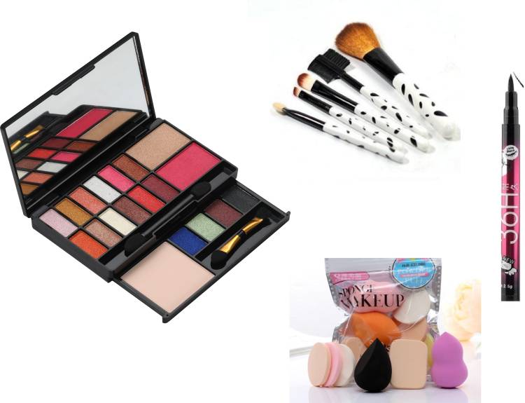 MY TYA Glam Makeup Kit + 5 Piece Brush Set + 6 Piece Makeup Sponges + Eyeliner Black Price in India