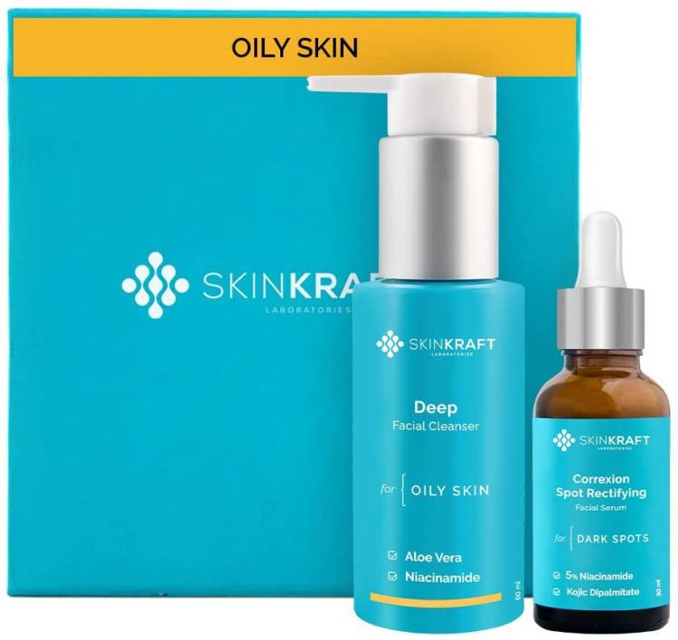 Skinkraft Oily Skin Face Cleanser & Facial Serum Combo - Deep Facial Cleanser & Correxion Spot Rectifying Facial Serum - Net Vol: 90 ml Price in India
