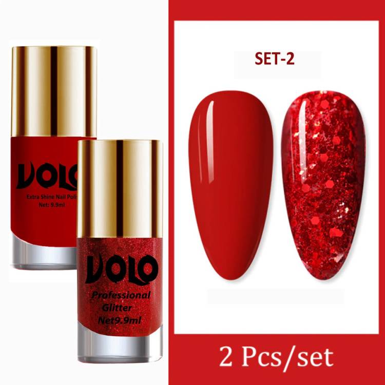 Volo Ultra Lasting Glow Shine Nail Polish (Set 2) Red, Red Glitter Price in India