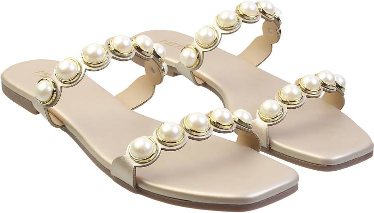 Women Beige, Gold Flats Sandal Price in India
