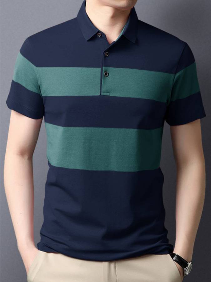 Striped Men Polo Neck Blue T-Shirt Price in India