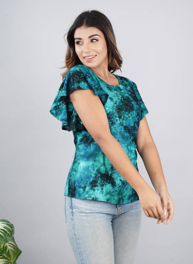 Casual Flared Sleeves Tie & Dye Women Green Top Price in India