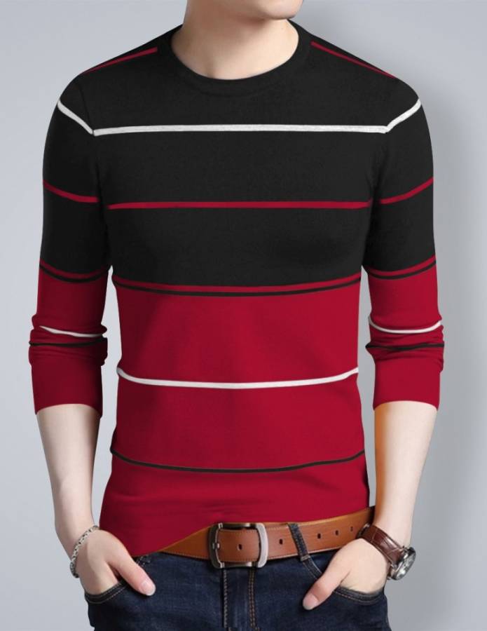 Striped Men Round Neck Red, Black, White T-Shirt Price in India