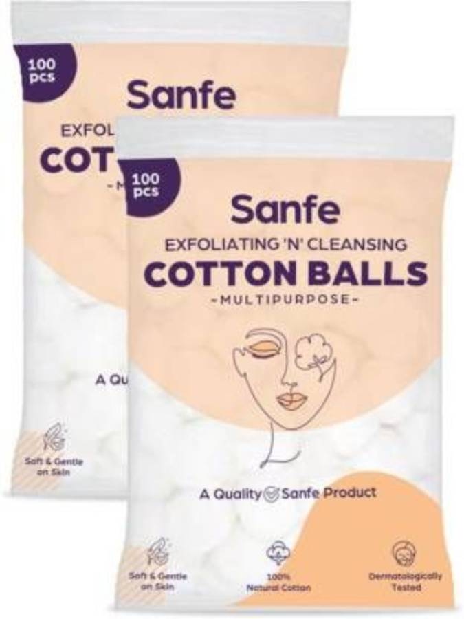 Sanfe Exfoliating & Cleansing Face Cotton Balls for Women - Pack of 200 | Apply and Clean makeup | Clean excess oil |Soft and gentle on the skin with 100% natural cotton Price in India