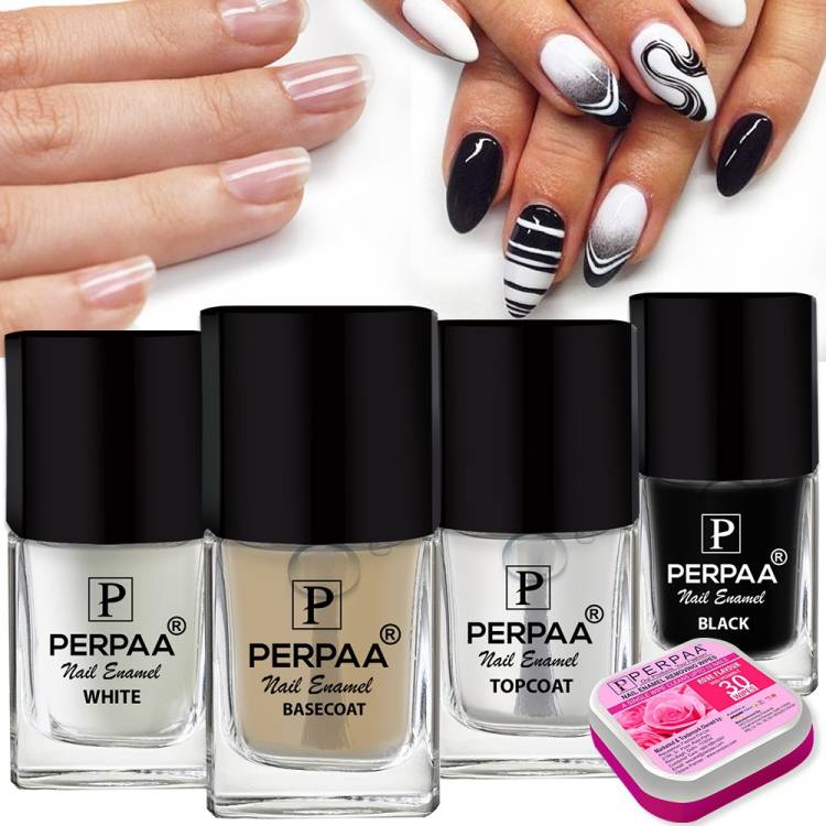 Perpaa Trendy Long-Lasting Gel Based ,Quick-drying Nail Care Combo Set (5ml Each) Base Coat ,Top Coat , White & Black Nail Polish Price in India