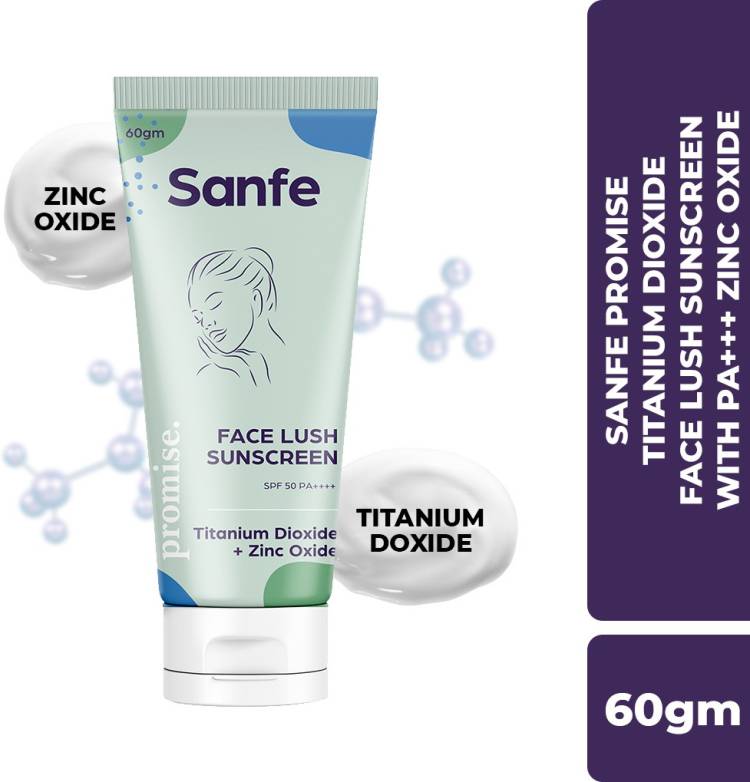 Sanfe Promise Avobenzone Face Lush Sunscreen For All Skin Types with PA+++ zinc oxide | 60gm | Protects The Skin From UVB, UVA, and IR (Infrared) Radiation - SPF 50 PA+++ Price in India