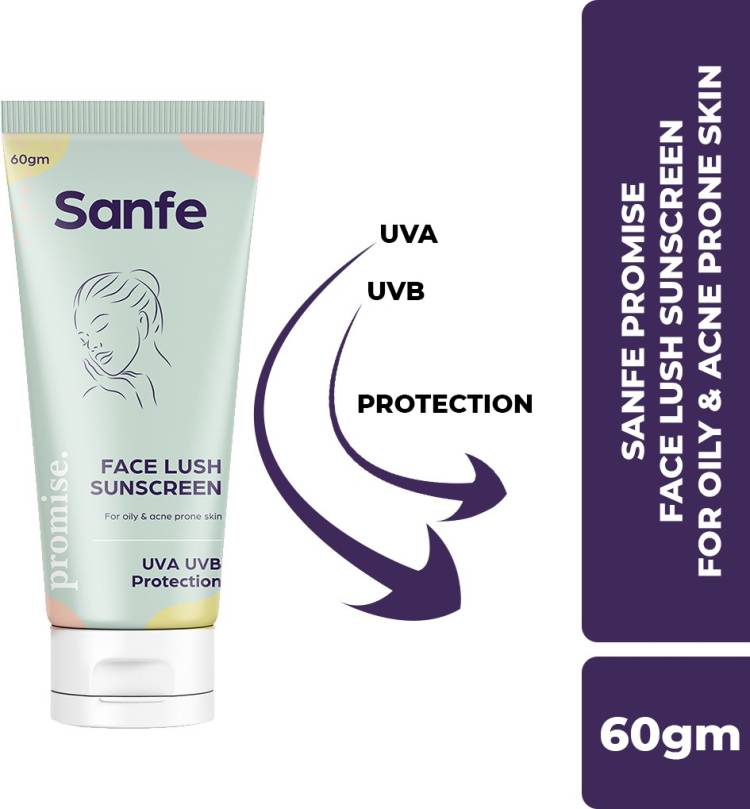 Sanfe Promise Face Lush Sunscreen For Oily & Acne Prone Skin | Provides 6 Hours Long Protection , 60gm | Low Penetration Lotion - SPF 50 PA+++ Price in India