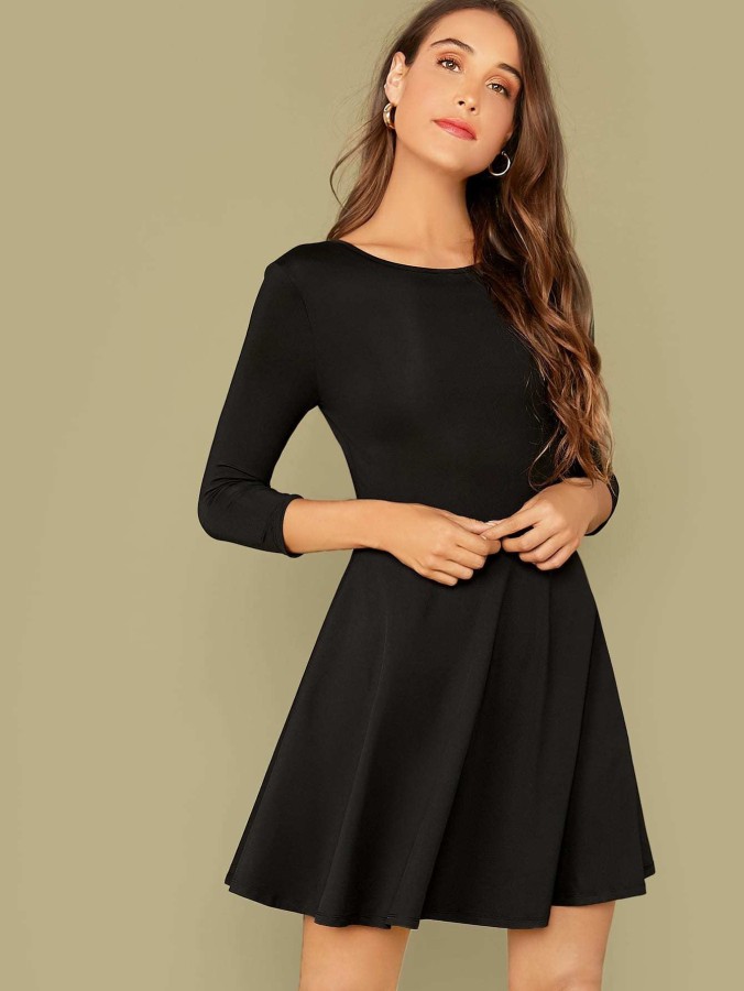 women fit and flare black dress