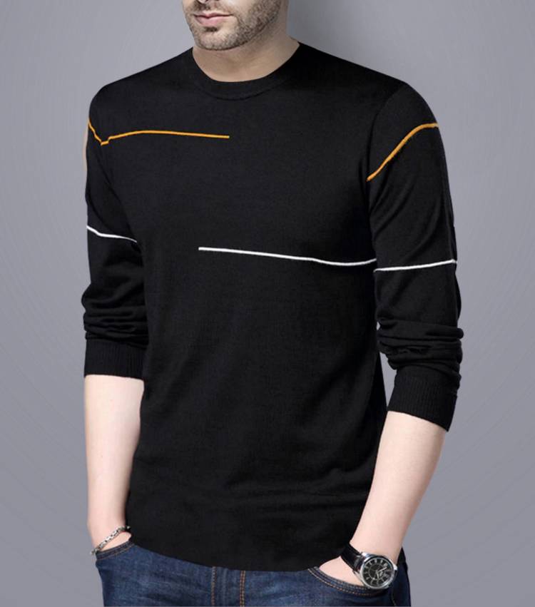 Striped Men Round Neck Black T-Shirt Price in India