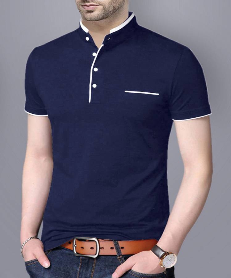 Solid Men Mandarin Collar Blue T-Shirt Price in India