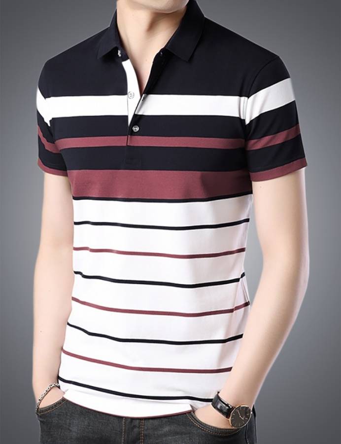 Striped Men Polo Neck White, Black, Pink T-Shirt Price in India