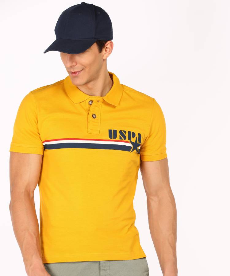 Printed Men Polo Neck Yellow T-Shirt Price in India