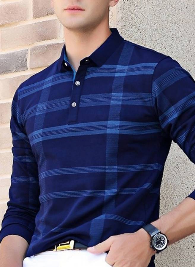 Checkered Men Polo Neck Blue T-Shirt Price in India