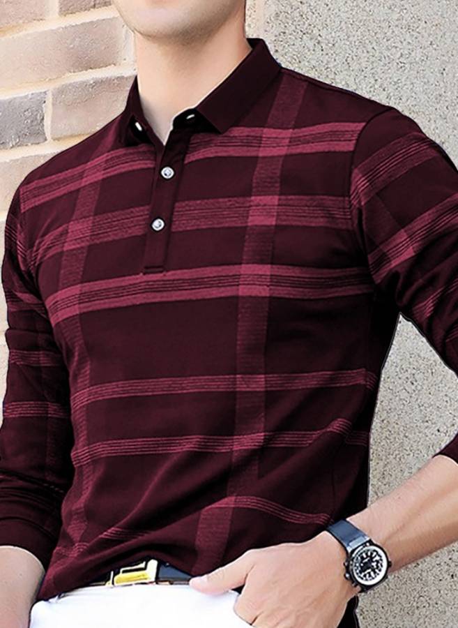 Checkered Men Polo Neck Red T-Shirt Price in India
