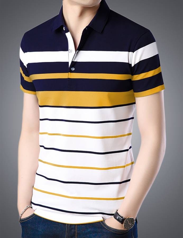 Striped Men Polo Neck White, Blue, Yellow T-Shirt Price in India