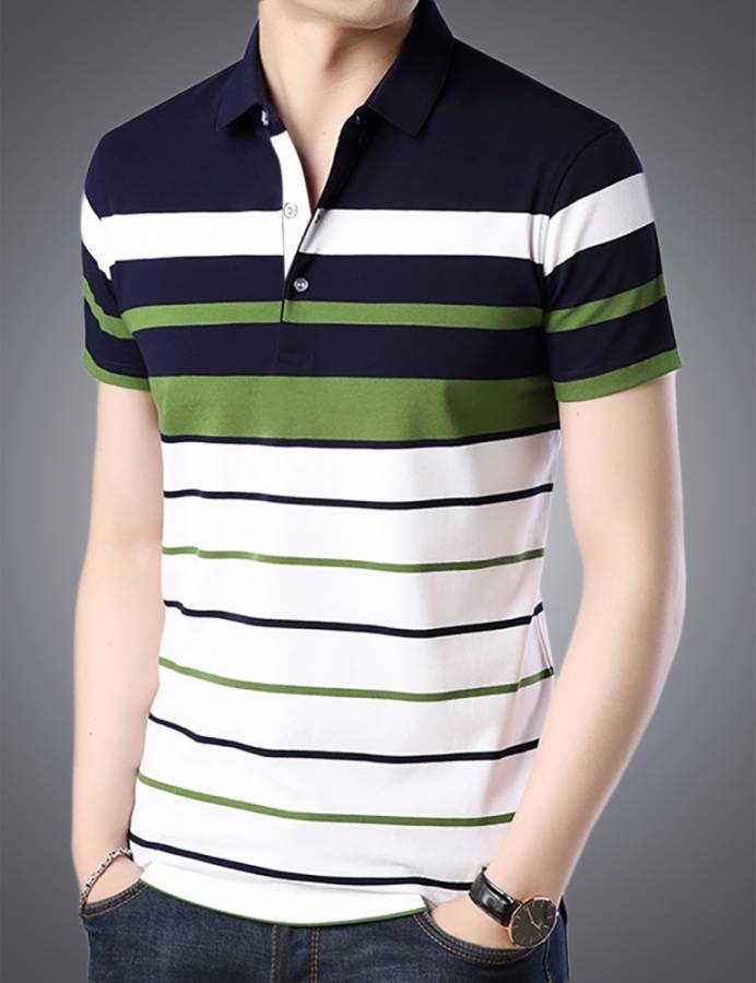 Striped Men Polo Neck White, Blue, Green T-Shirt Price in India