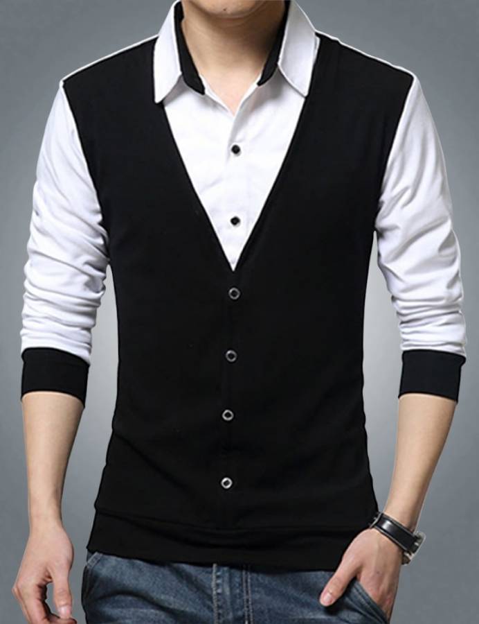 Solid Men Collared Neck White, Black T-Shirt Price in India