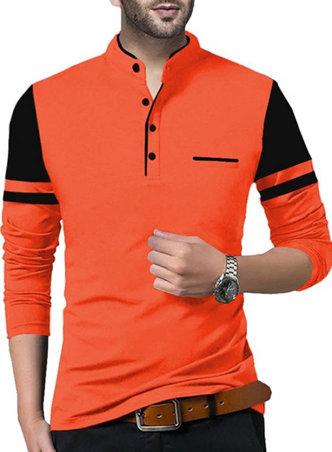 Solid Men Mandarin Collar Pink, Black T-Shirt Price in India
