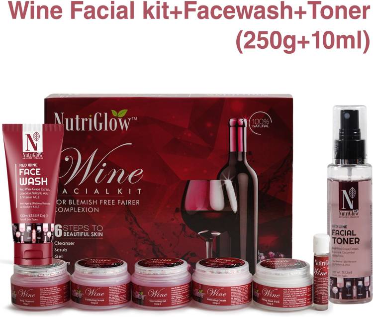 NutriGlow Beauty Combo of 3 Wine Facial Kit (250gm)|Red Wine Face Wash (100ml)|Red Wine Facial Toner(100ml)For Face Skin care|Glowing Skin|Deep Cleansing Price in India