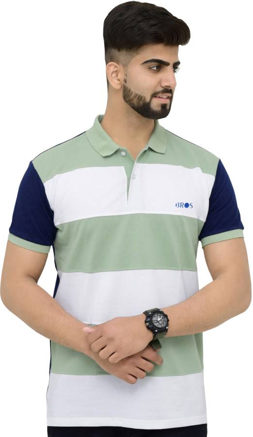Broad Stripes Men Polo Neck Light Green T-Shirt Price in India