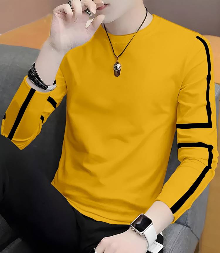 Striped Men Round Neck Blue, Yellow T-Shirt Price in India