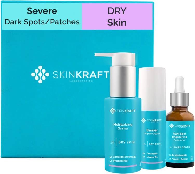 Skinkraft Severe Dark Spots - Dark Patches Skincare For Dry Skin - Skincare Kit - 3 Product Kit- Dry Skin Cleanser + Dry Skin Moisturizer + Severe Dark Spots - Dark Patches Active Serum - Dermatologist Approved Price in India