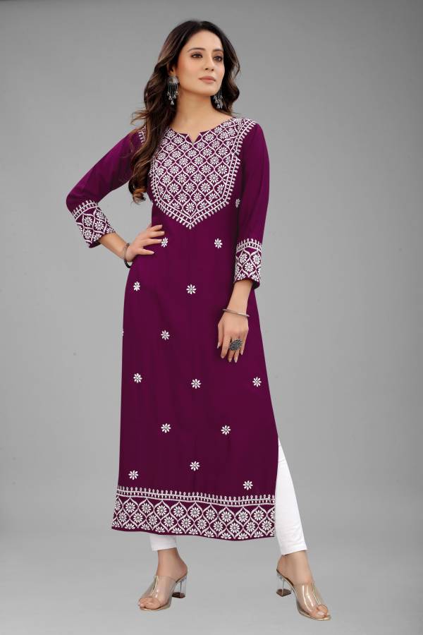Women Embroidered Cotton Rayon Blend Straight Kurta Price in India