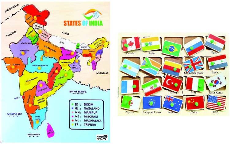 Khilonewale set of Wooden 20 Country Flags & States of India Map Puzzles with Knobs