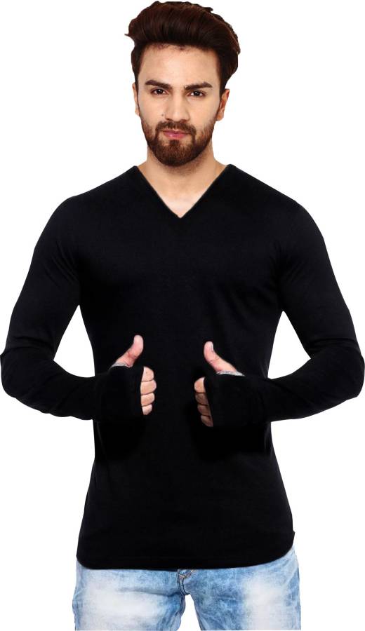 Solid Men V Neck Black T-Shirt Price in India